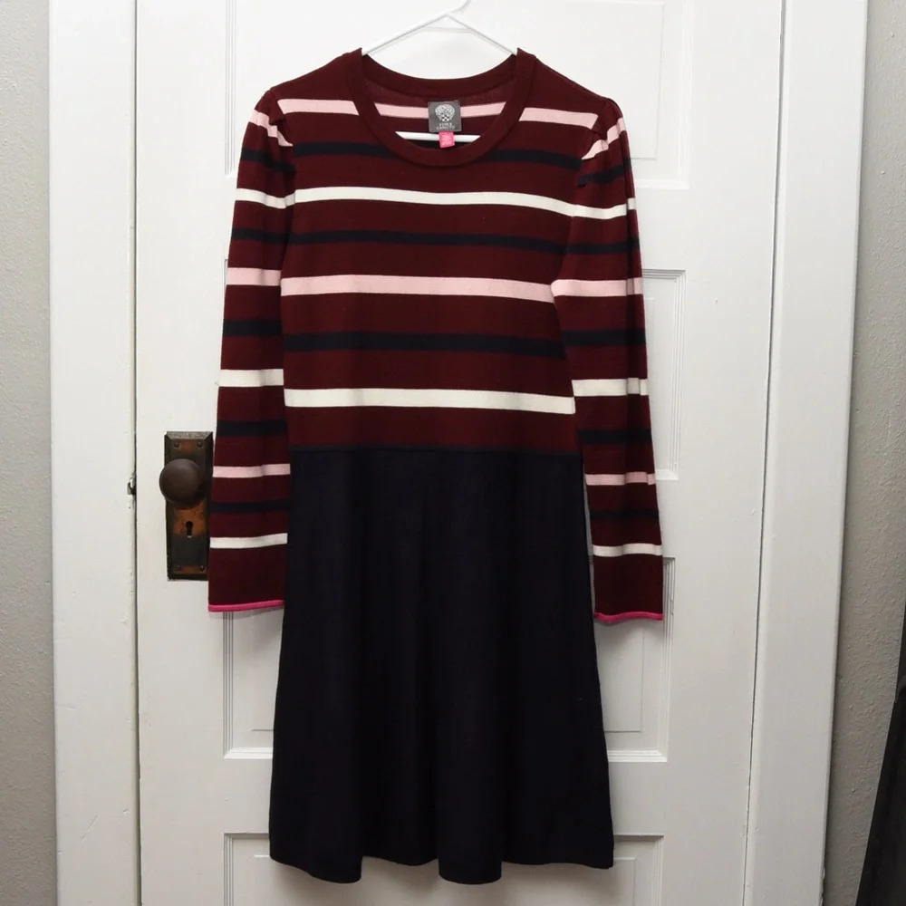 Vince Camuto sweater dress size L navy‎ blue burgundy stripes knee length